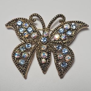 Antique Brass Tone Butterfly Brooch w/AB Pave Crystal Wings/Body